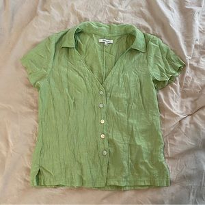 Madewell Textured Crinkled Green Short Sleeve Button Up Blouse Top